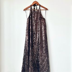 ZARA | NWT SEQUIN HALTER MIDI LONG DRESS CHOCOLATE BROWN SWING LOW BACK SEXY